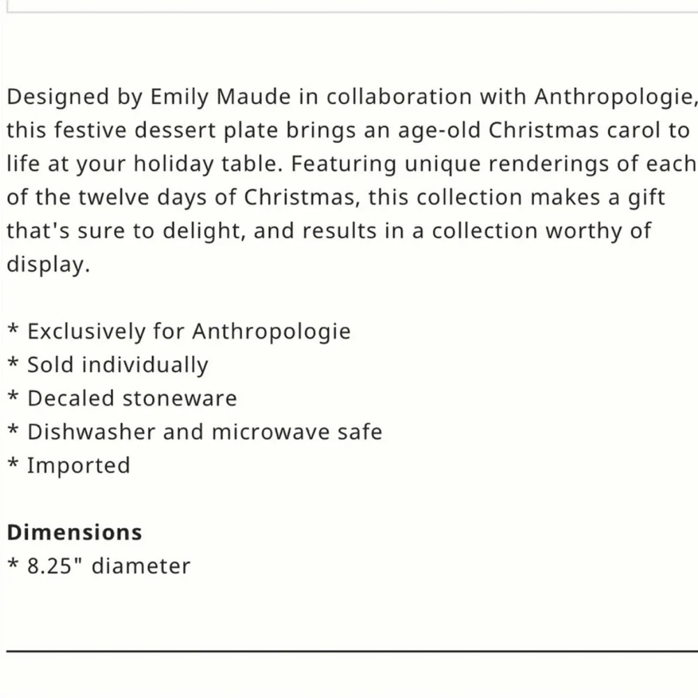 NIB Anthropologie Emily Maude 12 Days of Christmas 4 Calling Birds Dessert Plate